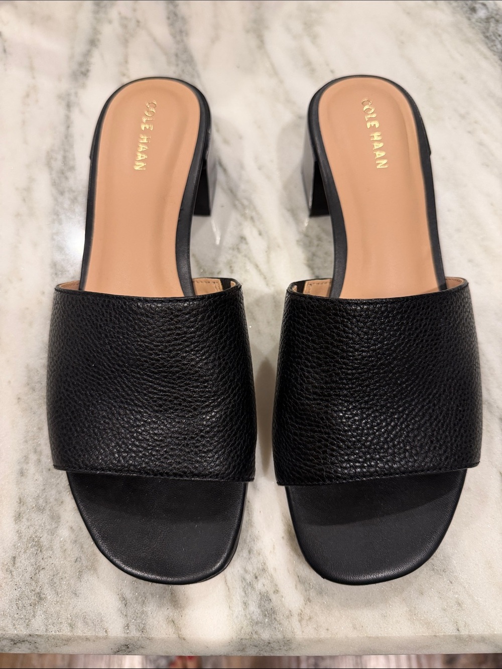 Cole Haan Black Leather Slide Sandals with Block Heel